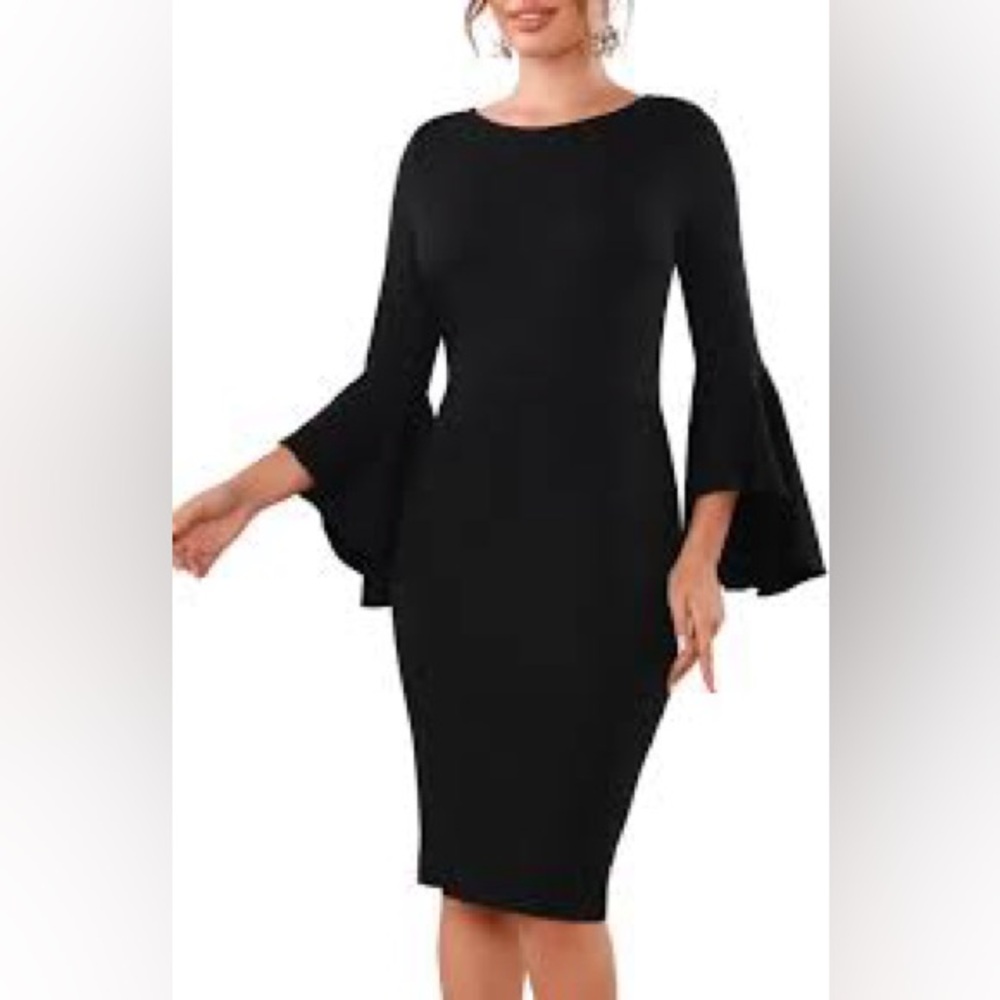 Aphratti Elegant Black Flare Sleeve Dress